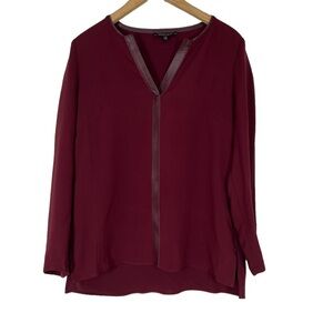 Lafayette 148 New York Maroon Side Zip Blouse Leather Neckline Size 6